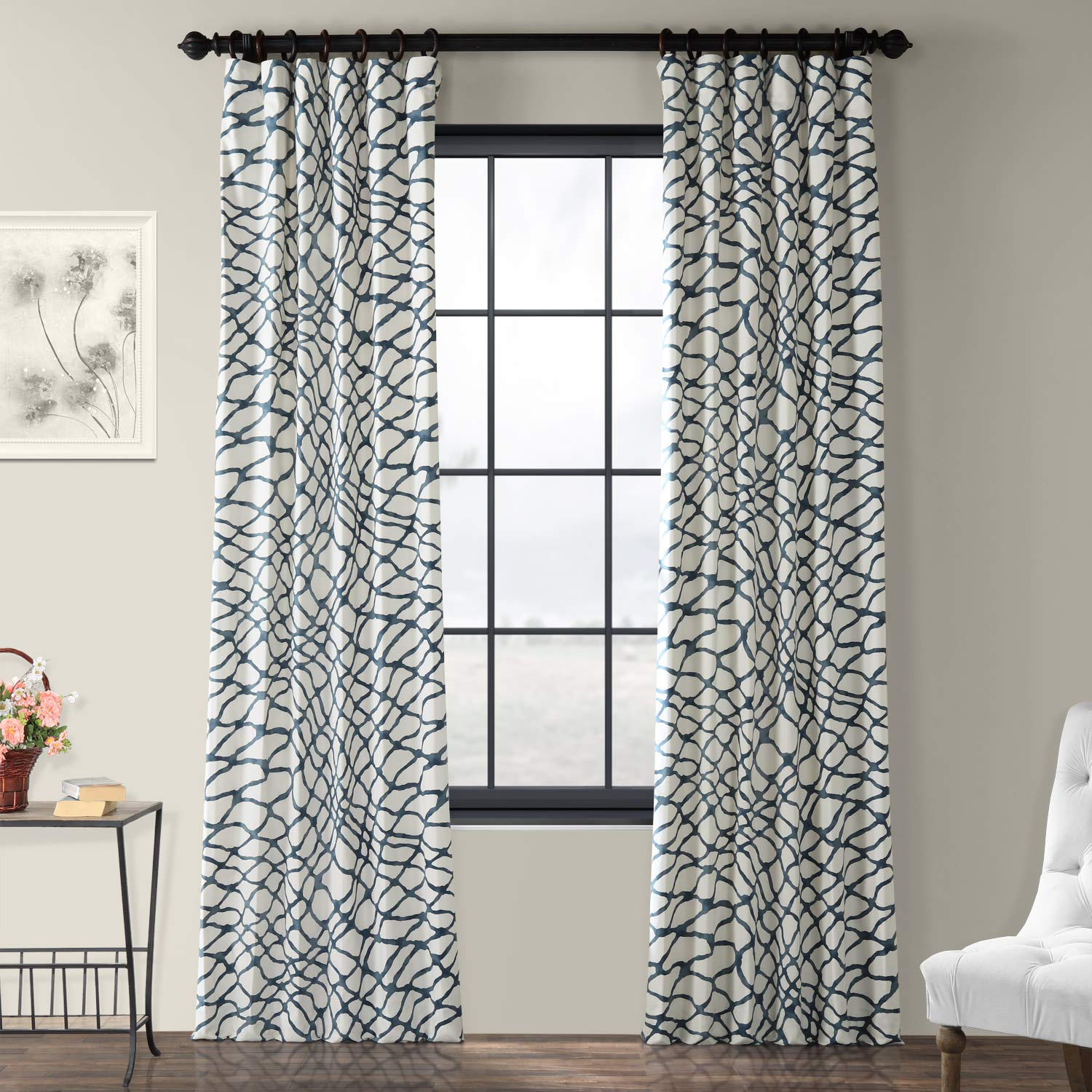 PRTW-D50C-108 Ellis Printed Cotton Twill Curtain, Blue, 50 x 108