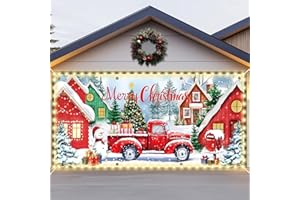 YIAOYINNZ 7x16ft Christmas Garage Door Banner with LED String Lights Red Truck Garage Door Covers Large Trucks Lighted Backdrop Decorations for Xmas Eve Holiday Indoor Outdoor Wall Decor(Classic)