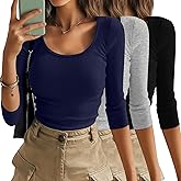Xaatren 3 Pack 3/4 Length Sleeve Tops for Women Ribbed Scoop Neck Slim Fitted T-Shirts Summer Casual Basic Tight Tees
