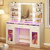 HUAHUU Vanity Desk, Makeup Vanity Desk with Mirror and Lights 3 Colors, Transparent Top with 3 RGB Drawers, 6 Shelves, 2 Larg