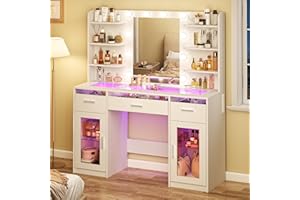 HUAHUU Vanity Desk, Makeup Vanity Desk with Mirror and Lights 3 Colors, Transparent Top with 3 RGB Drawers, 6 Shelves, 2 Large Tempered Cabinets, Power Outlet, for Bedroom, White