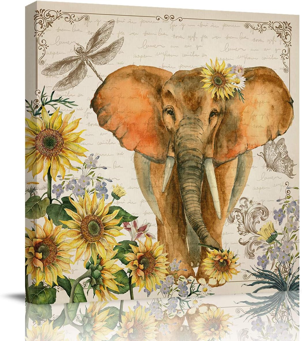 JEANCZ Canvas Print Wall Art Elephants and Sunflowers