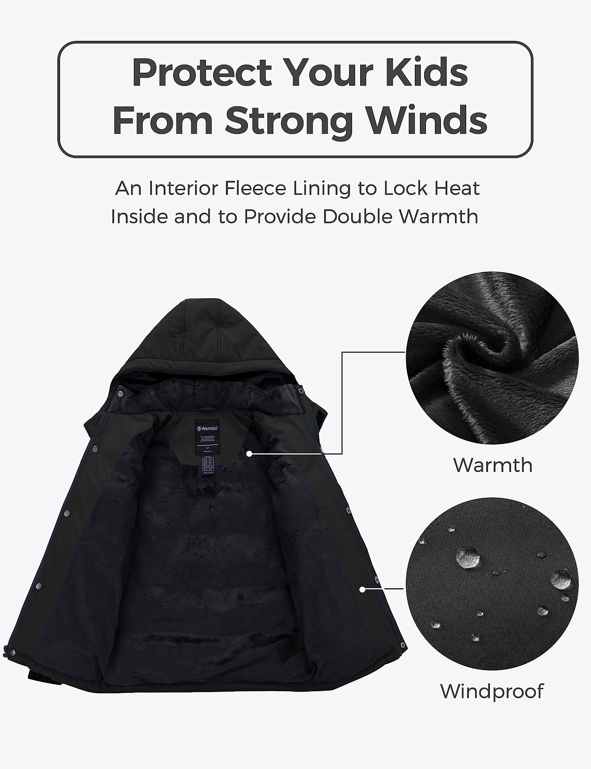 wantdo Boy's Fleece Winter Coat Waterproof Puffer Jacket Warm Winter Jackets with Hood