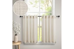 Dancurton Flax Linen Curtains for Kitchen Farmhouse Country 24 Inch Length 2 Panels Back Tab Pocket Light Filtering Sheer Short Cafe Tier Small Window Curtain for Bathroom Basement Doorway 30x24 Beige