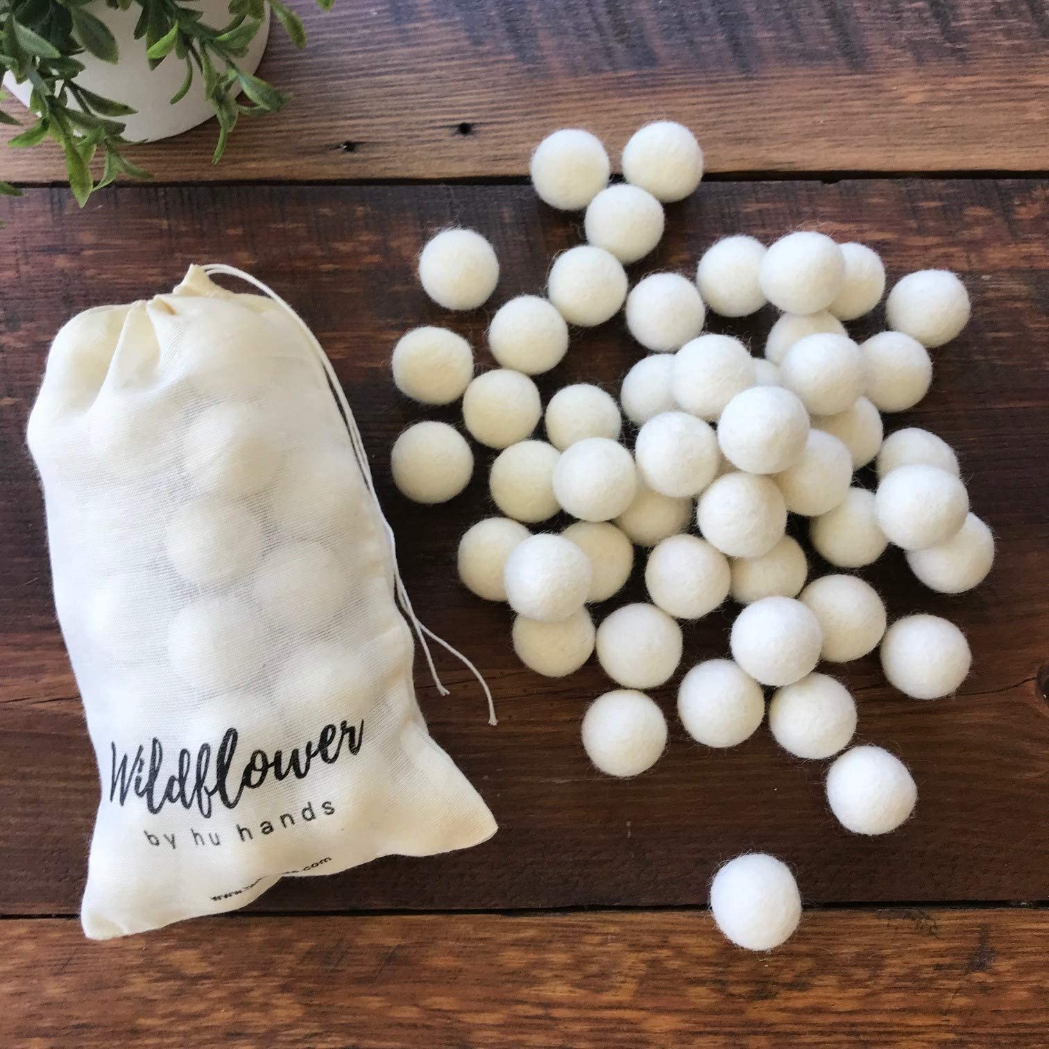 Wildflower by hu hands Natural White Felt Balls 1 inch (2.5cm) | (50) Wool Pom Poms | Hand Felted Pompoms for Crafts, Felting, Garland, Decor, Party | Muslin Bag