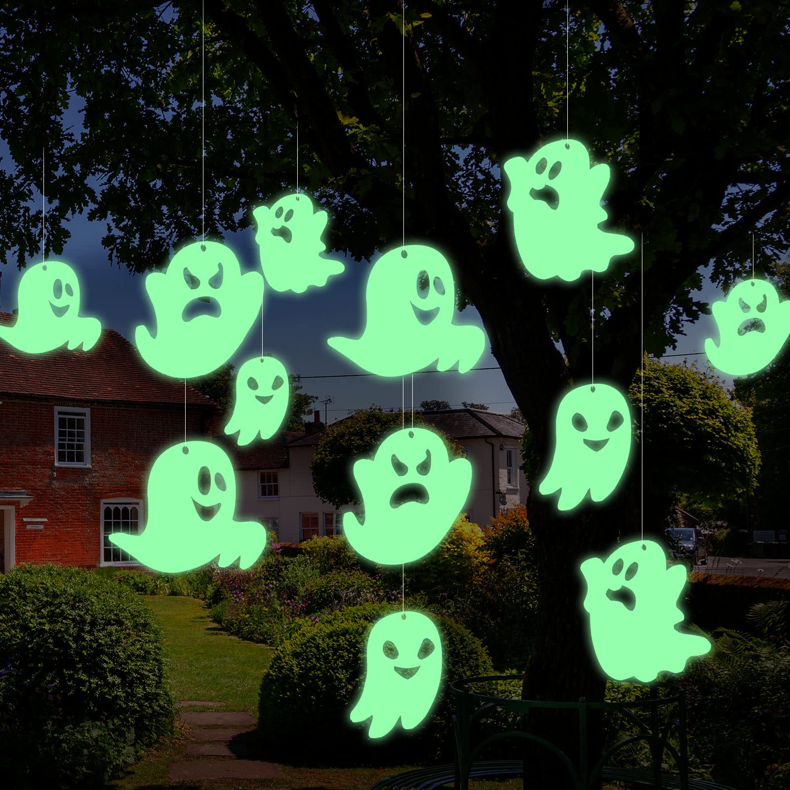 Photo 1 of 12 Pcs Hanging Bats Halloween Decoration Outside Pumpkin Skeleton Spider Outdoor Lawn Decorations 3 Different Size Realistic Ghost for Hanging in The Tree Porch Yard Lawn Indoor (Fluorescent Ghost)