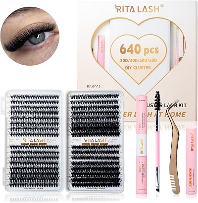 RITALASH DIY Lash Extension Kit 640pcs 10-16mm Lash Clusters Bond Seal Remover