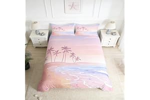 Homewish Girls Pink Beach Duvet Cover Set Full Size Kids Romantic Hawaii Ocean Style Bedding Set 3pcs Teens Lover Room Decor Palm Trees Sky View Comforter Cover Girly Summer Quilt Cover,2 Pillowcases