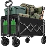 Collapsible Wagons Carts Foldable Wagon, Foldable Wagon Cart with Wheels, Folding Wagons for Beach Camp Sports Garden, 2 Cup Holders/Lightweight Portable/Black/280 LBS