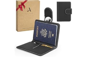 ALLIVE Passport Holder for Travel, Genuine Leather Passport Holder with AirTag Hidden Pocket, Rfid Blocking Passport Cover Travel Wallet for Women Men, Airport Essentials Gift (Black)