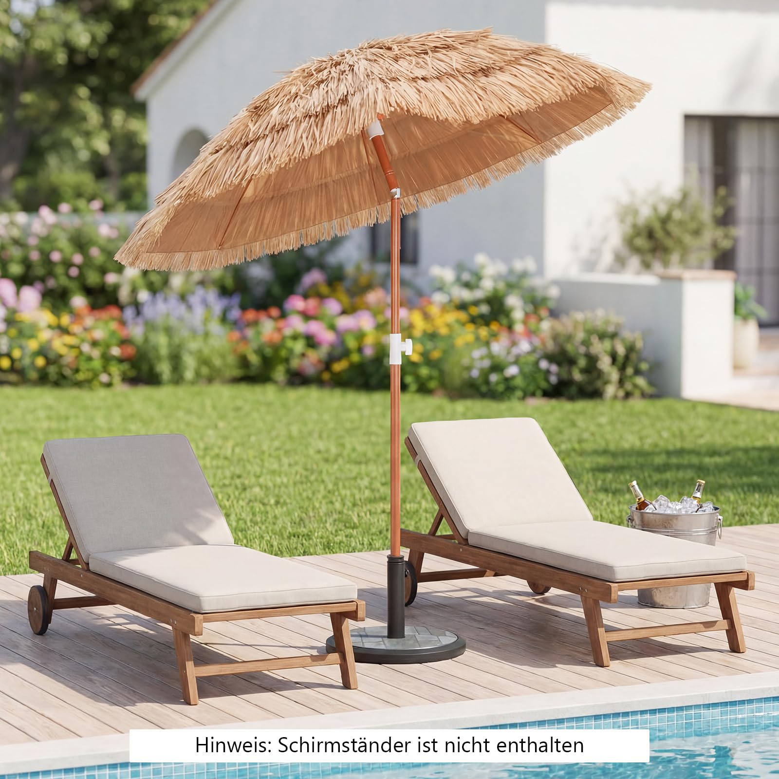 GOPLUS Sonnenschirm Hawaii, Ø 155 cm Sonnenschirm Stroh von 140-190 cm Höhenverstellbar, Strohschirm um 40° knickbar, Hawaii Schirm mit Tragetasche, Strandschirm für Strand, Balkon & Garten 2