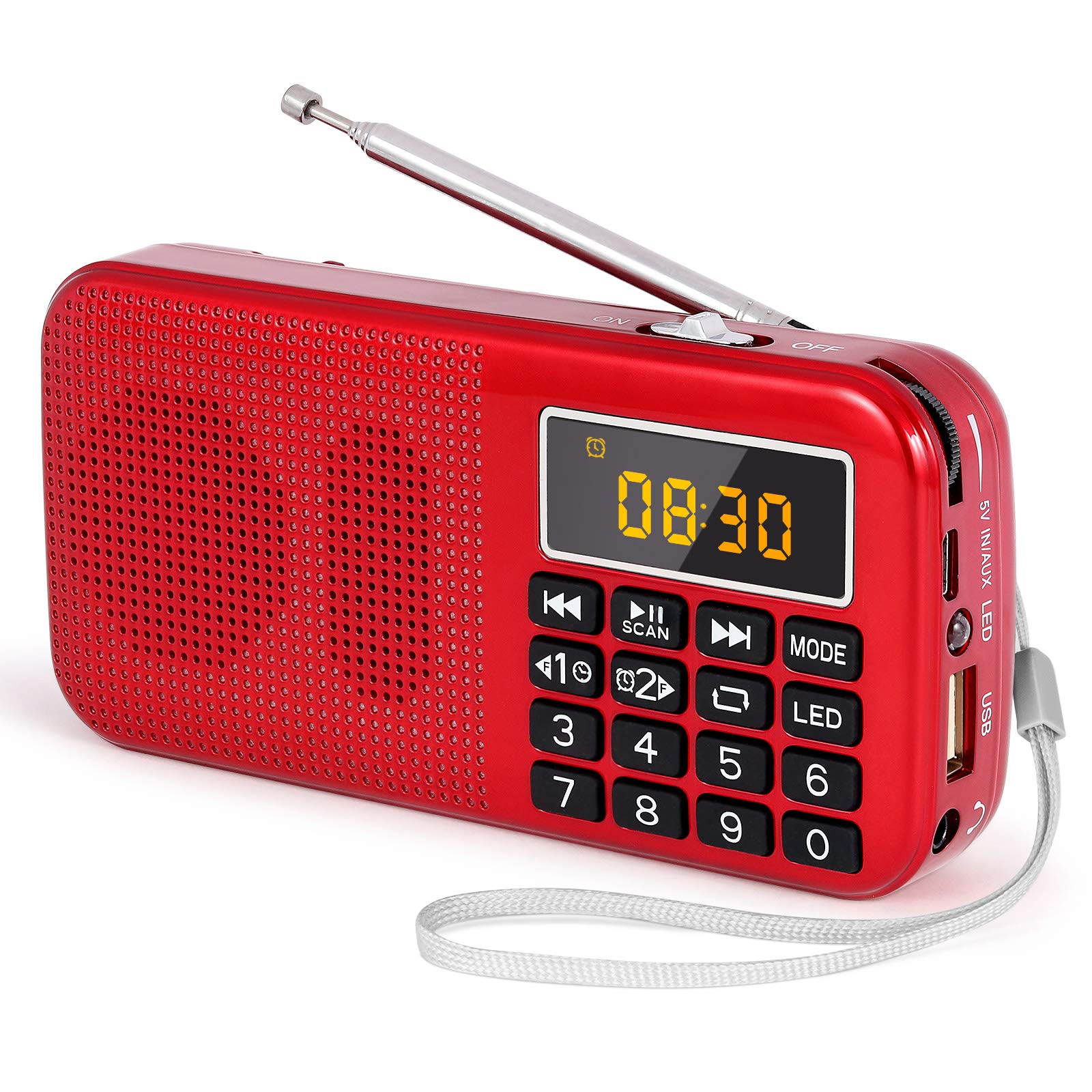 PRUNUS J-725 Rechargeable Radio Portable, FM Radios, Small Radios with 3000mAh Rechargeable Battery. Battery Operated Radio Digital support SD USB MP3 AUX Player and Emergency Flashlight. (Red)