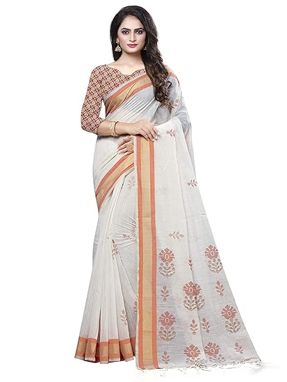 Women's Cotton Silk Saree with Unstitched Blouse Piece (Free size_Off-white_NF25A)