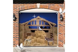Preboun Christmas Nativity Garage Door Banner Cover Nativity Stable Scene Backdrop Banner Farm Barn Backdrop Large Christmas Garage Door Murals Outdoor Xmas Holiday Winter Party Decor(7 x 8 ft)