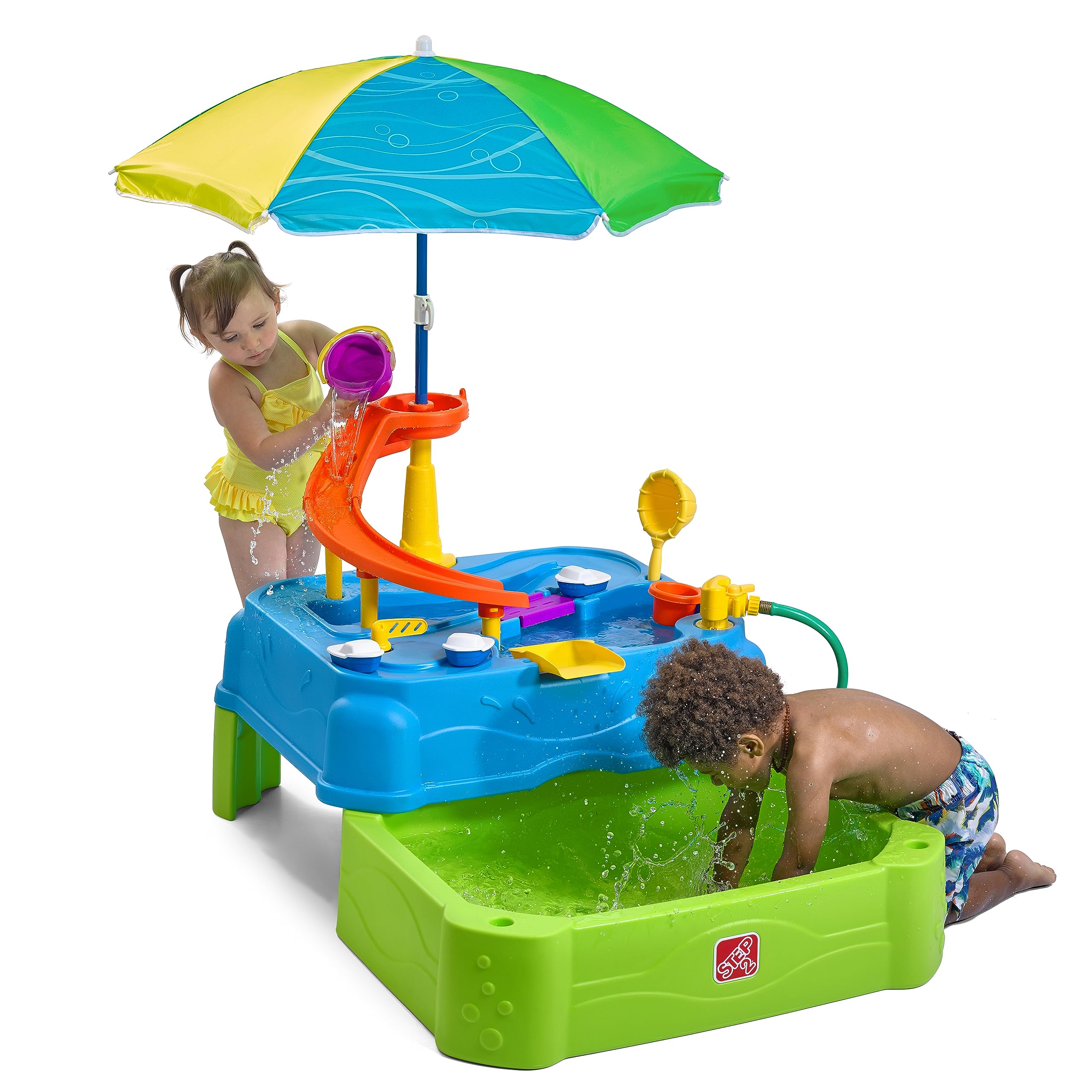 Step2 Waterpark Wonders Two-Tier Water Table, Kids Water Activity Sensory Playset, Comes with Umbrella, Summer Outdoor Toys, 11 Piece Water Toy Accessories, for Toddlers 1.5+ Years Old