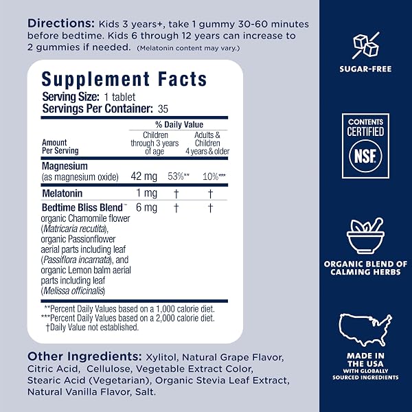 MOMMY’S BLISS KIDS SLEEP CHEWABLE TABLETS, MELATONIN, MAGNESIUM & CALMING HERBS, GRAPE FLAVOR, SUGAR FREE KIDS MELATONIN, AGE 3+ (35 SERVINGS), 35 COUNT (PACK OF 1)