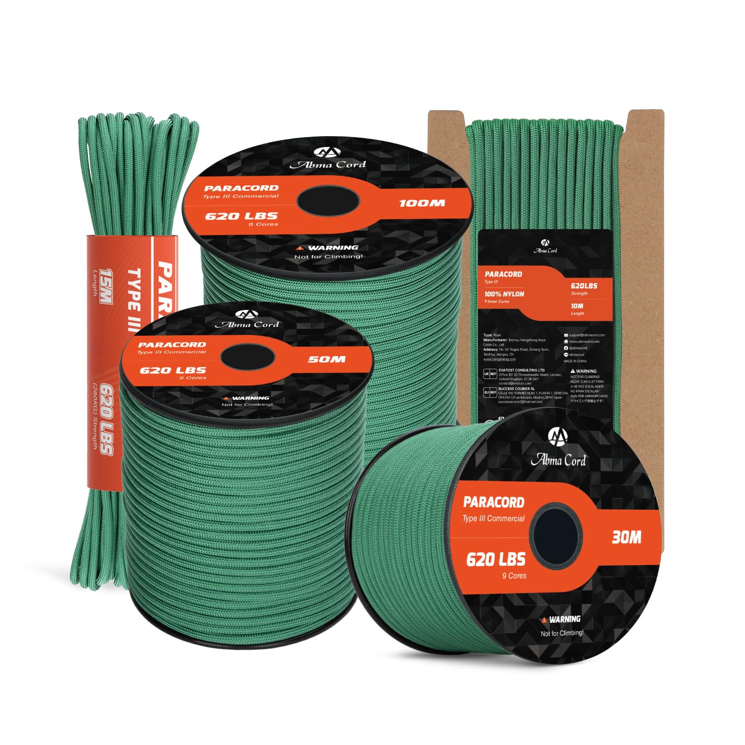 Abma Cord Paracord 4mm 100m 100% Nylon Rope 9 Strands Type III Parachute Cord for DIY, Camping, Survival, Outdoor - Max. 280kg - Kelly Green