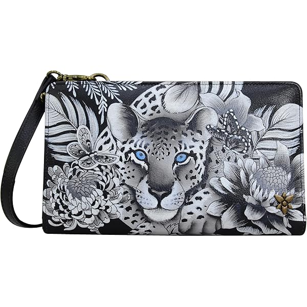 Anuschka Bandolera Organizadora De Cuero Genuino Para Mujer Con Protección RFID, Obra De Arte Original Pintada A Mano, Jardín Bleu