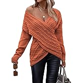Womens Casual V Neck Long Sleeve Sweaters Cross Wrap Front Cable Knit Pullover Sweater Jumper Tops