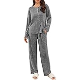 Ekouaer Womens Ribbed Knit Lounge Set Long Sleeve Henley Neck Top and Long Pants Two Piece Soft Sleepwear Matching Outfits