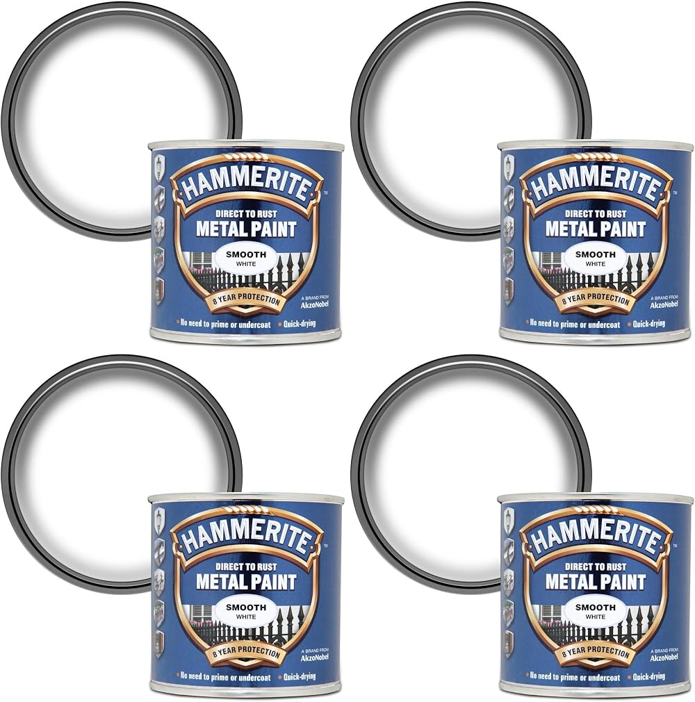 Hammerite Direct to Rust Metal Paint Smooth White 250ML Pack of 4