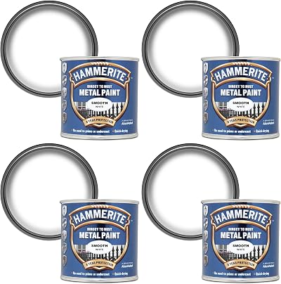 Hammerite Direct to Rust Metal Paint Smooth White 250ML Pack of 4