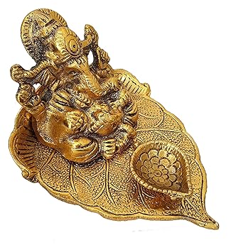Sawan Shopping Mart Metal Lord Ganesha On Trunk Ganesh, Ganesha on Leaf - Ganesh with Diya - Lord Ganesha Metal Hand Craved for Home Decorative Gift Puja Diwali Gift