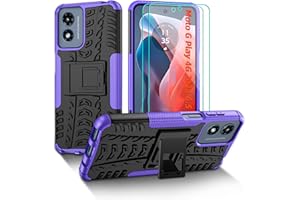 PILARU for Moto G Play 2024 Case with Kickstand and 2 Pack HD Screen Protector [Military Grade Shockproof] Heavy Duty Robust Bumper Cover for Motorola Moto G Play 2024 4G Phone Case，Purple