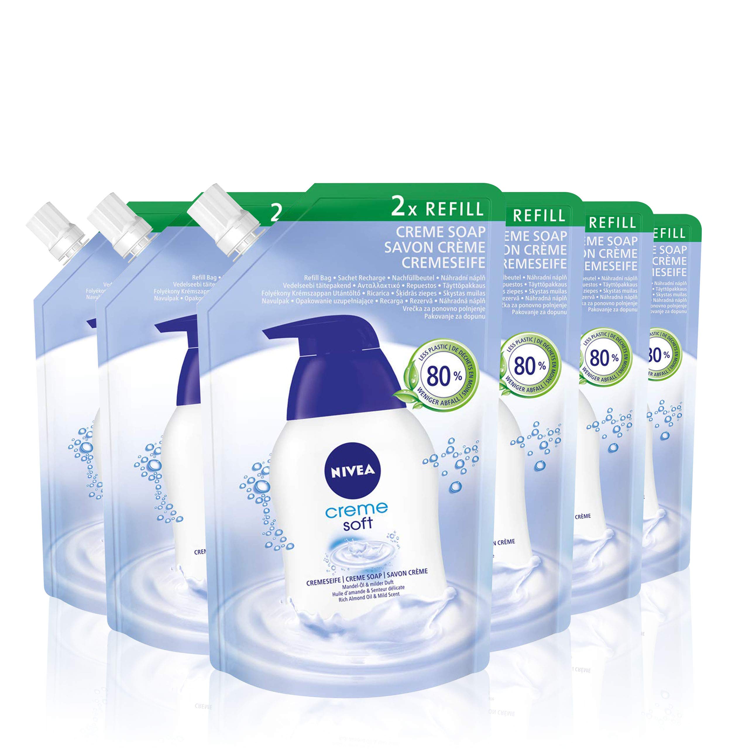 Nivea Cream Soft Soap Refill Bags 6 Pack (6 x 500 ml) Nourishing Hand Soap with Almond Oil, Mild Scented Cream Soap for Gentle and Hygienic Cleaning