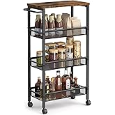 VASAGLE Slim Rolling Cart, 4-Tier Storage Cart, Narrow Cart with Handle, 8.7 Inches Deep, Metal Frame, for Kitchen, Dining Room, Living Room, Home Office, Rustic Brown and Classic Black ULRC033B01