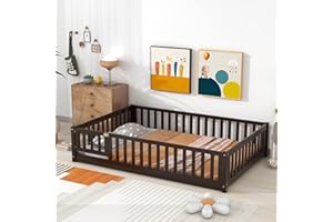 BELLEMAVE Floor Bed for Kids Full Size Montessori Bed Frame with Fence Railings & Support Slats, Wooden Playhouse Beds for Boys Girls, No Box Spring Needed, Espresso