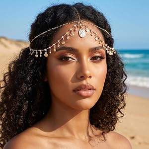 Yykazqe Gold Head Chain Shells Shells Rhinestone Egyptian, Sequin Boho Hair Jewelry for Women, Gold Genie Headpiece Hair Acce
