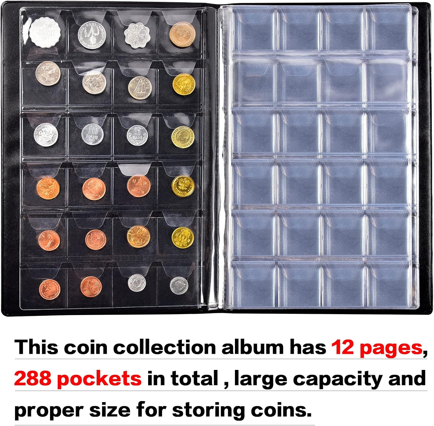Coin Collection Holder Album 288 Pockets Book for Collectors, Coins Collecting Supplies Storage Organizer Fits for 20/25/27/30mm Coins, Penny, Quarters, Tokens, Medallions Display Case.-Black : Office Products