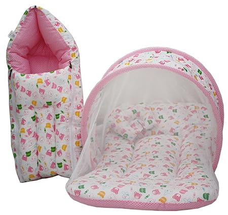 KiddosCare Combo Baby Mattress with Mosquito Net Sleeping Bag for New Born Baby (Print May Vary) (Pink)