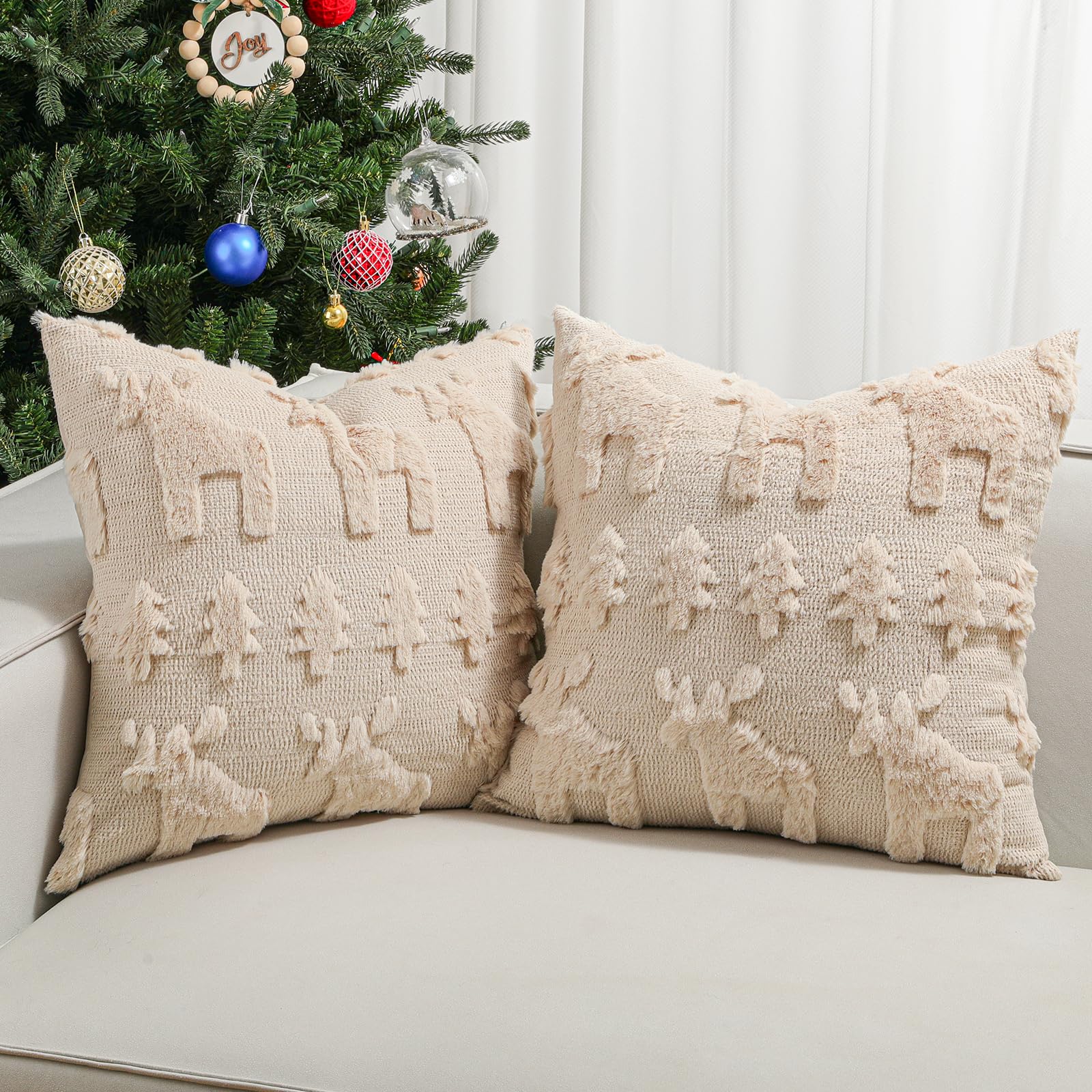 Lewondr Christmas Throw Pillow Cover 18x18, Set of 2 Super Soft Faux Fur Pillow Covers Velvet 3D Christmas Tree Reindeer Embroidery Square Throw Pillowcase for Living Room Bed Sofa Home Decor, Oatmeal