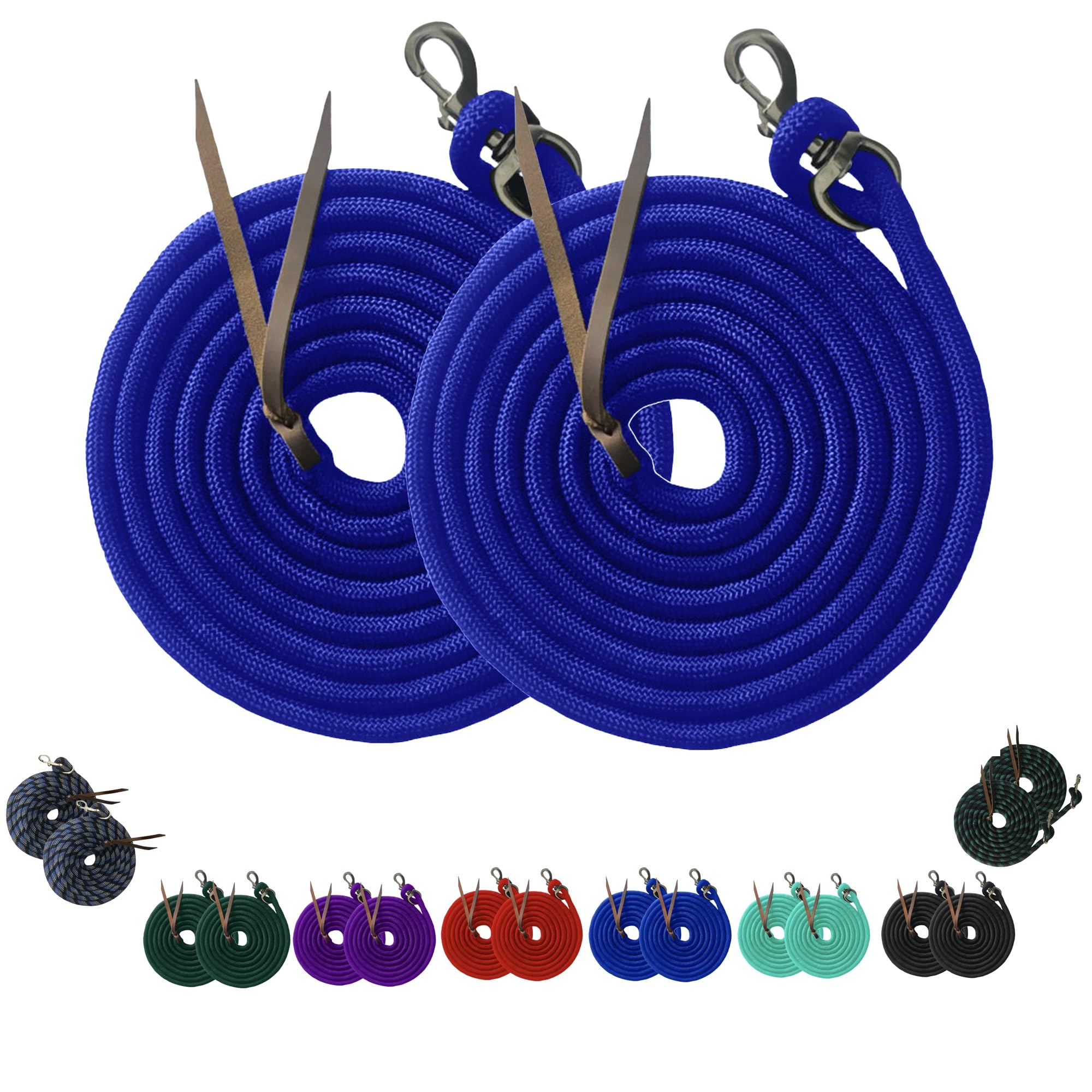 Majestic Ally 14' Pack of 2 Poly Training Lead Rope with Leather Popper for Horses & Livestock – 14 Foot Long and 5/8 inch Thick - Replaceable Heavy-Duty Bolt Snap (Royal Blue)