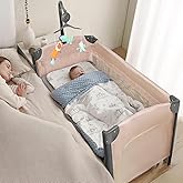 JOYMOR Baby Bedside Bassinet, Baby Bassinet, Pack n Play Convert Playpen, Quick Foldable Travel Bed with Wheels & Brake, Carry Bag for Boys Girls (Beige)