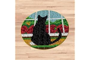 Gift2u 3D Latch Hook Kit, 17.8 X 17.8in DIY Cushion Carpet Mat Latch Hook Rug Kit, Black Cat Pattern Printed Rug Making Kit for Adult Handmade as Home Decorate