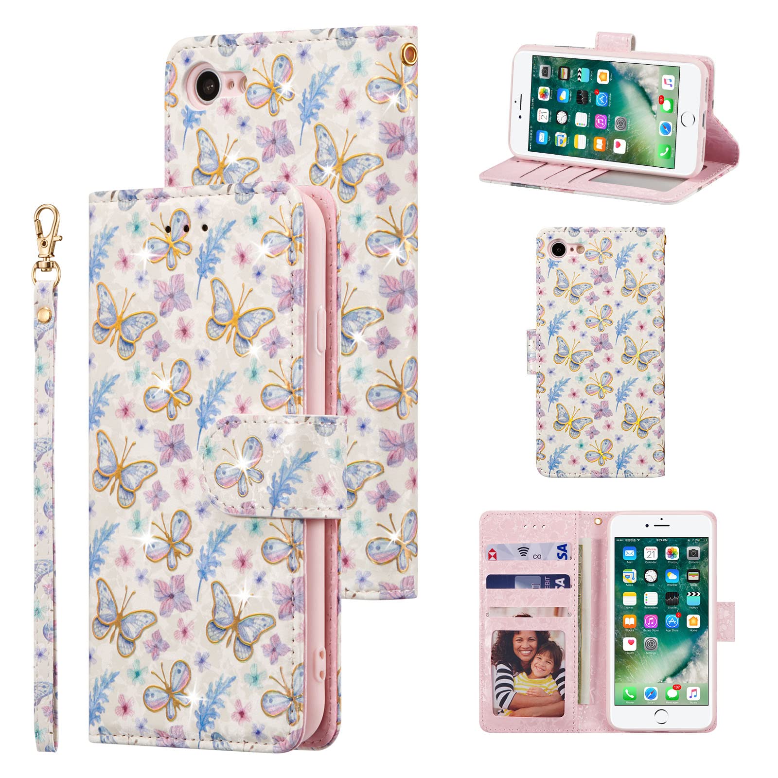 UEEBAI Wallet Case for iPhone 7 Plus/iPhone 8 Plus, PU Leather Phone Case Kickstand RFID Blocking Flip Case with Card Slots Wrist Strap Relief Engraved Pattern Magnetic Closure Folio Case - Butterfly