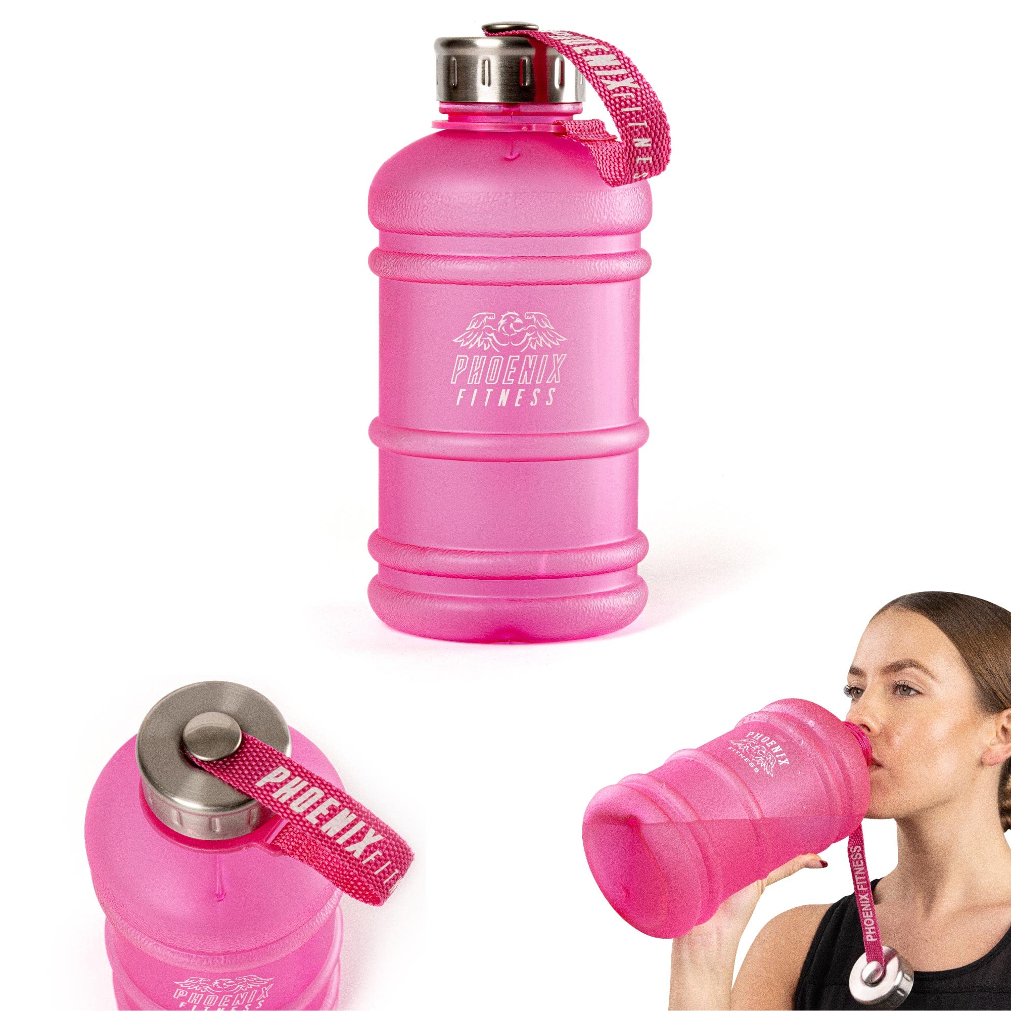 Phoenix Fitness Water Bottle - 1L Drinks Bottle with Leakproof Cap and Carry Strap - Lightweight Bottle for Sports, Gym & Travel - BPA Free & Non Toxic - Pink