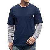 VOGSTART Mens Layered Shirt Waffle Longsleeve Cotton Faux 2-Piece Casual Pullover with Pocket (S-XXL)