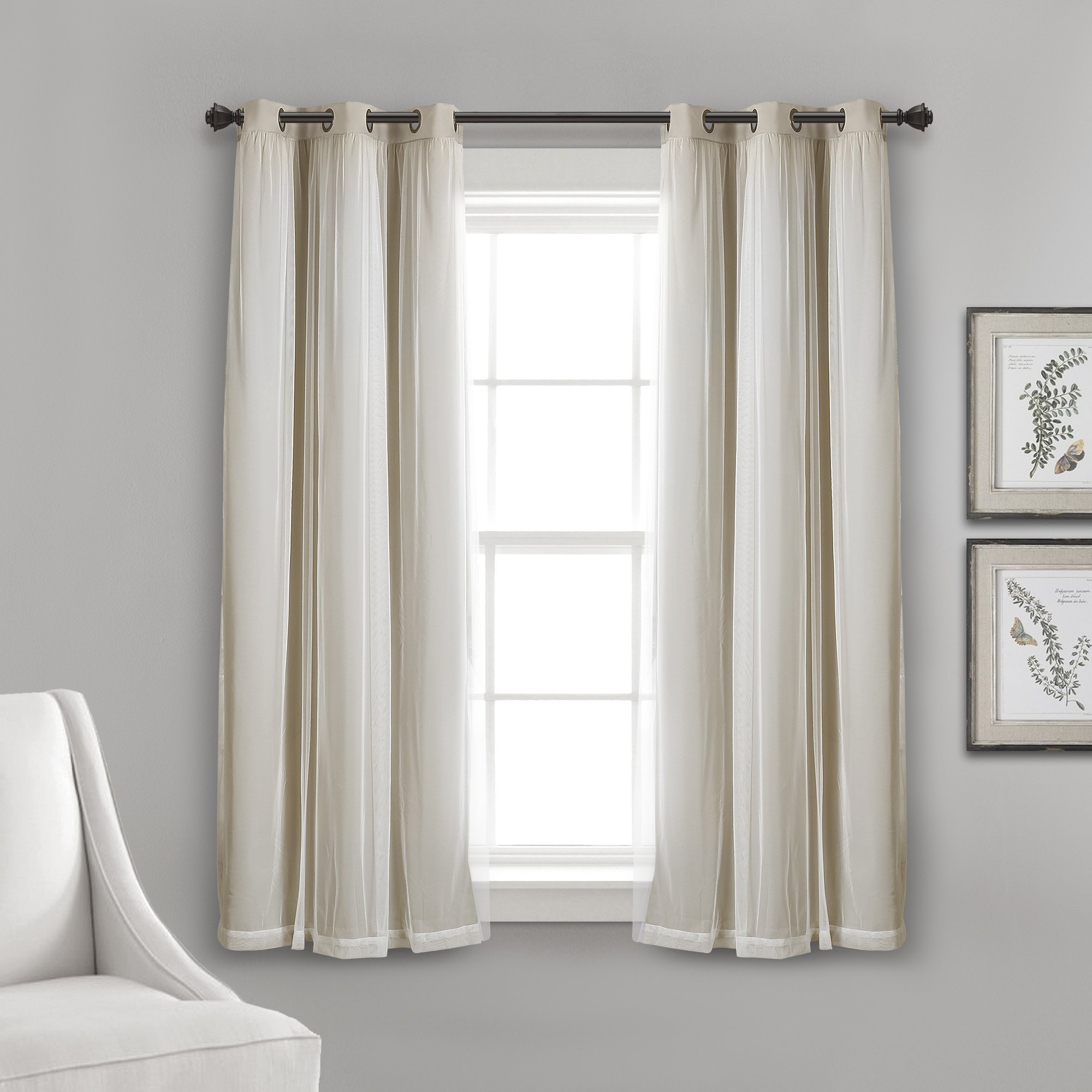 Lush Decor Sheer Grommet Curtains With Insulated Blackout Lining, Window Curtain Panels, Pair, 38"W x 63"L, Wheat - Curtain With Sheer Overlay, Elegant Blackout Curtains for Bedroom Image