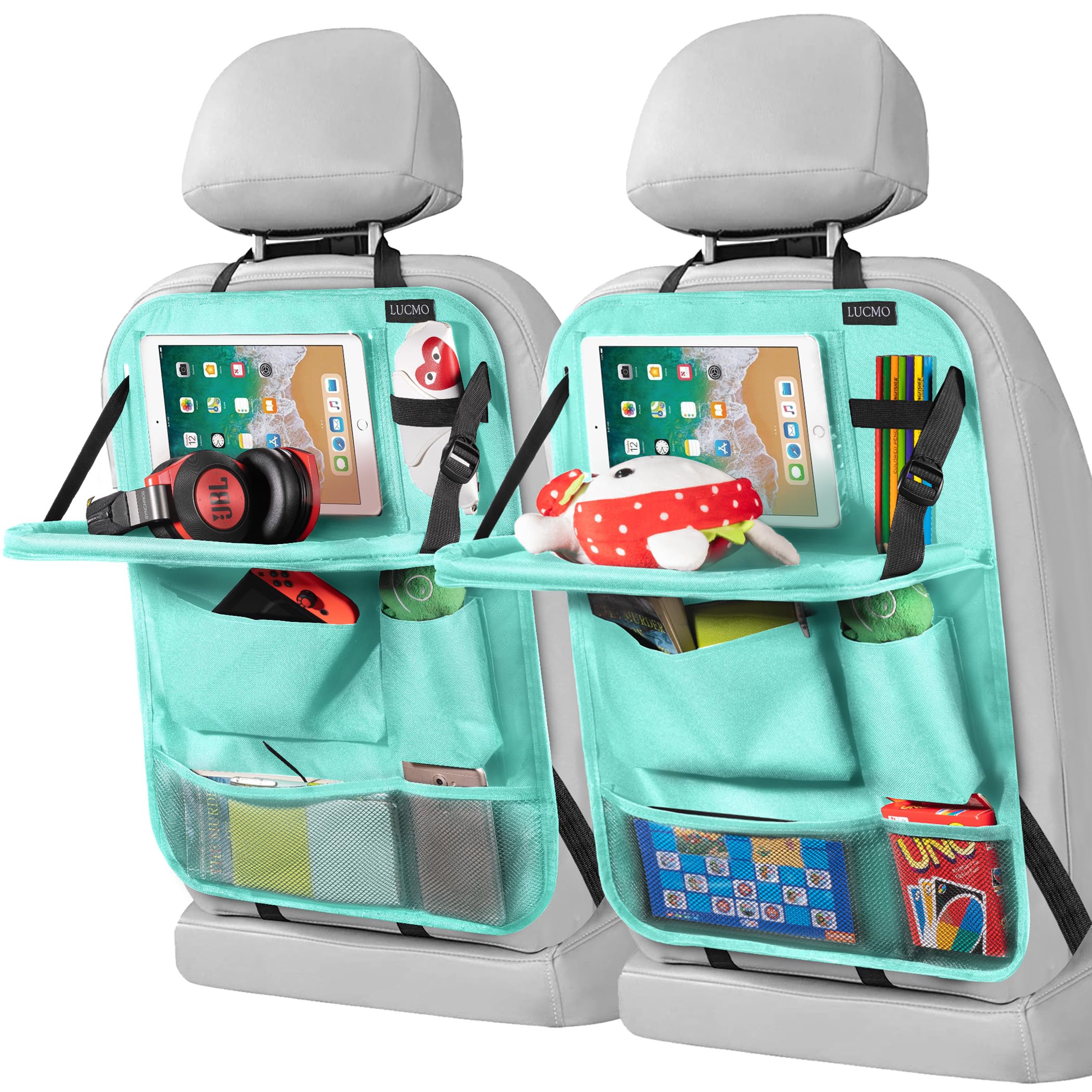 Photo 1 of LUCMO Car Backseat Organizer with Tablet Holder-2 Pcs,6 Storage Pockets Car Storage Organizer with Foldable Food Tray,Protectors Kick Mats Travel Accessories-Light Blue