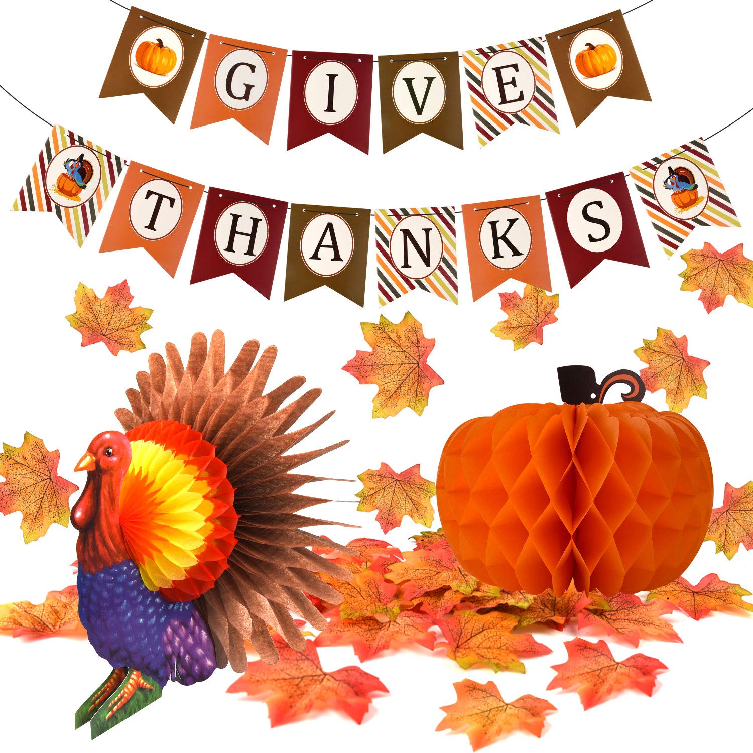FEPITO Give Thanks Banner with Paper Colorful Turkey Pumpkin Artificial Maple Leaves Decoration Kit Total 203 PCS for Autumn Fall Party Thanksgiving Day Party Supplies Decorations