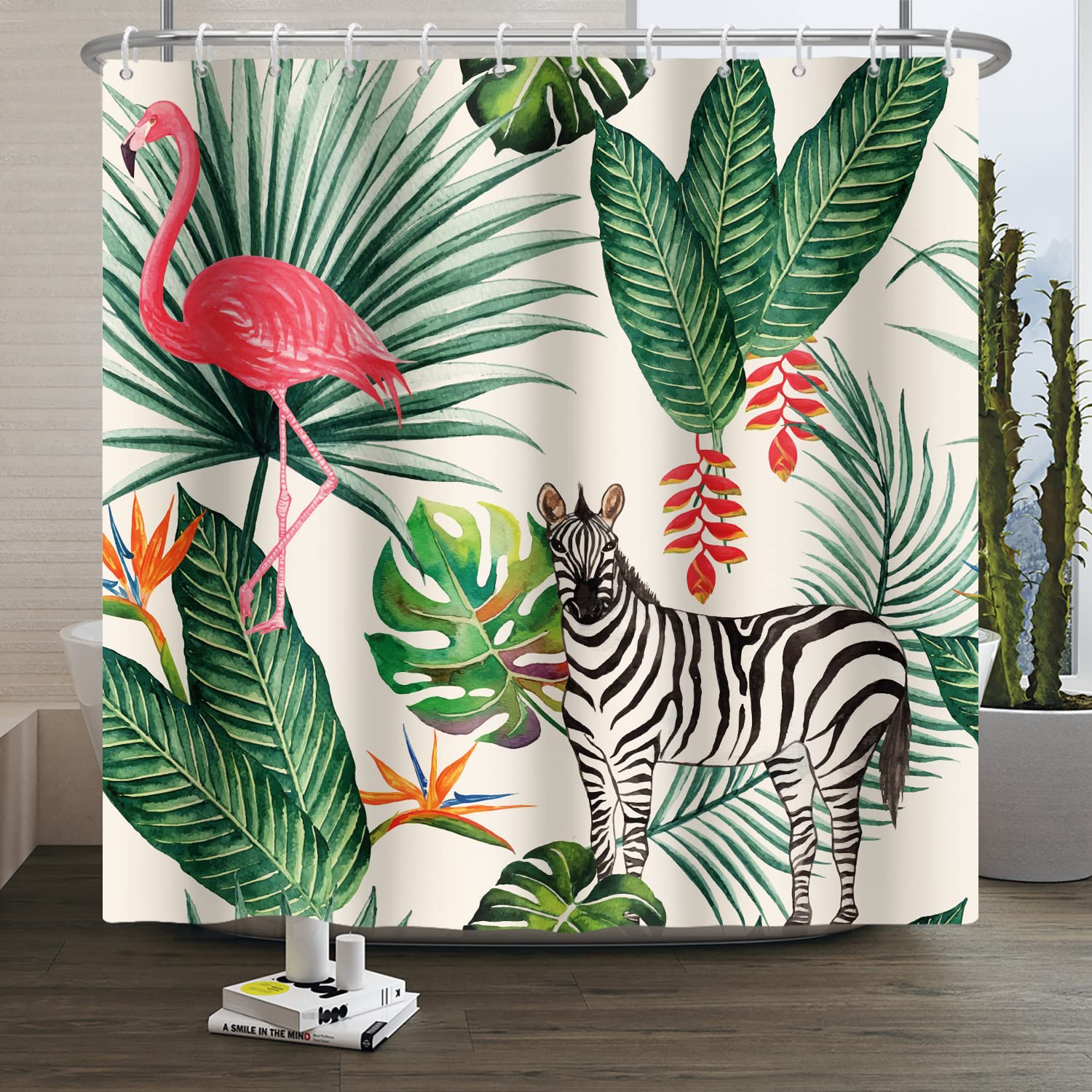 SDOTPMT 152x183cm Flamingo Shower Curtain Tropical Palm Tree Green Leaves Banana Leaf Horse Bath Curtain Summer Theme Bathtub Curtain Fabric Polyester Waterproof for Kids Bathroom Decor with Hooks — image 1
