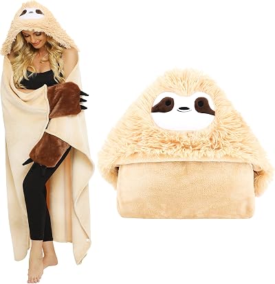 Shoppawhile Sloth Hooded Blanket for Women Soft Warm Fluffy 59 x 51 in