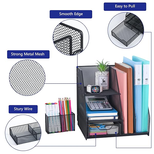 TOPWEY DESK ORGANIZER, FILE ORGANIZER FOR DESK WITH 2-TIER PAPER LETTER TRAY, DRAWER AND 2 PEN HOLDER, MESH DESKTOP ORGANIZATION WITH MAGAZINE HOLDER FOR OFFICE SUPPLIES