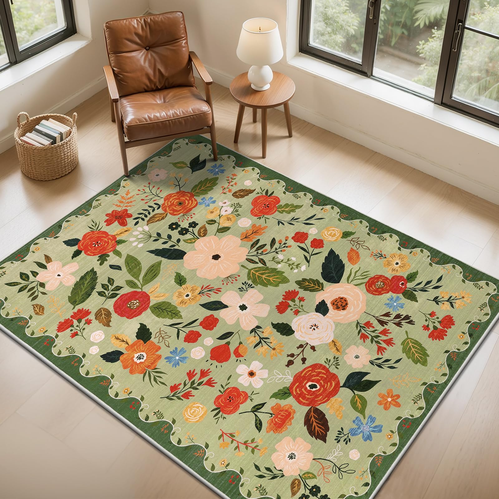 U'Artlines 3x5ft Vintage Floral Area Rug Machine Washable Ultra Soft Low Pile Non Slip Non Shedding Accent Floor Carpet for Living Room, Bedroom, Dining Room, Office (Green)