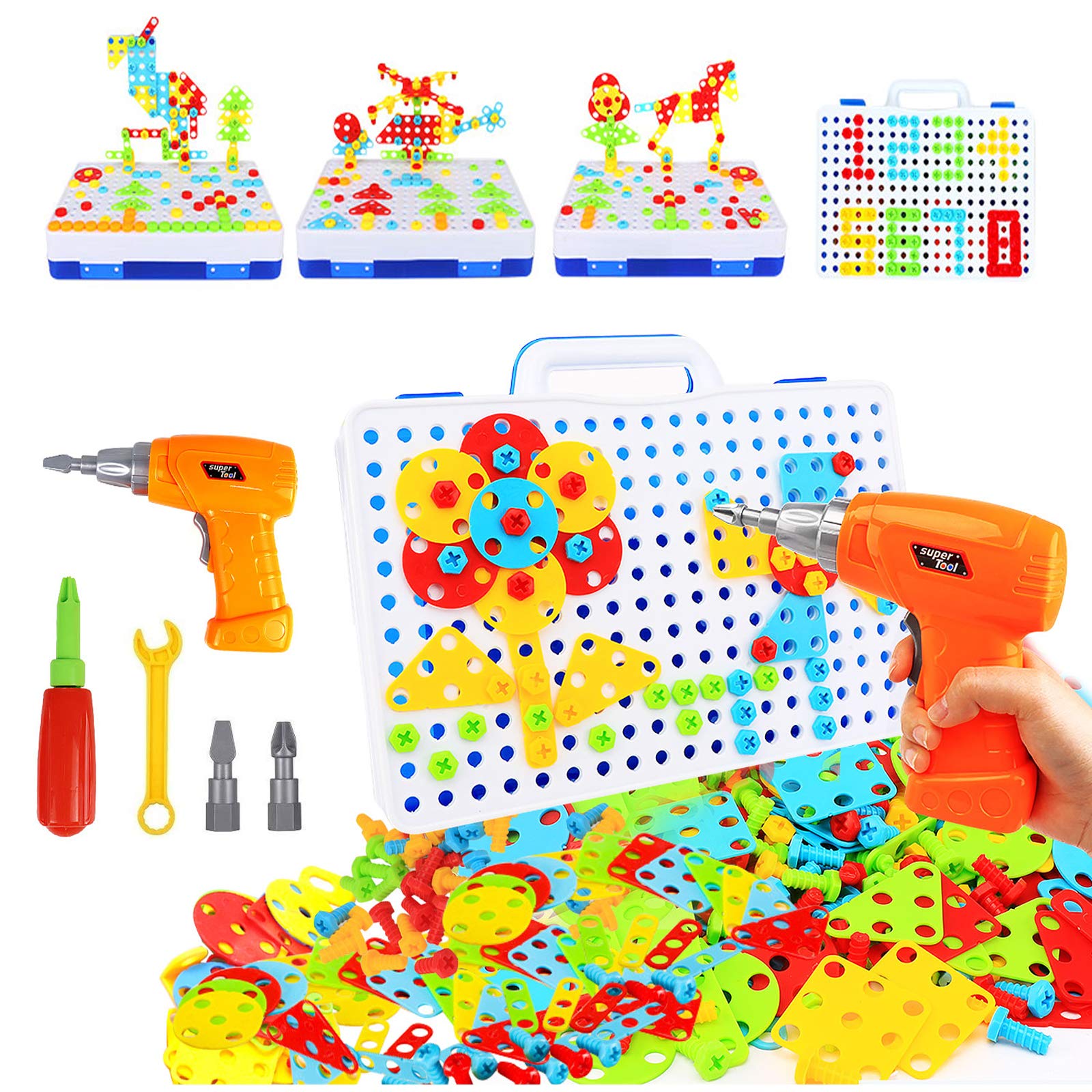 HAPTIME Design and Drill Toy, Building Toys for Kids Ages 3-8,STEM Toys for 3 4 5 6 Year Old,193 Pcs Electric Drill Toy,Magic Montessori Play Toolbox for Toddler Boys Girls Preschool