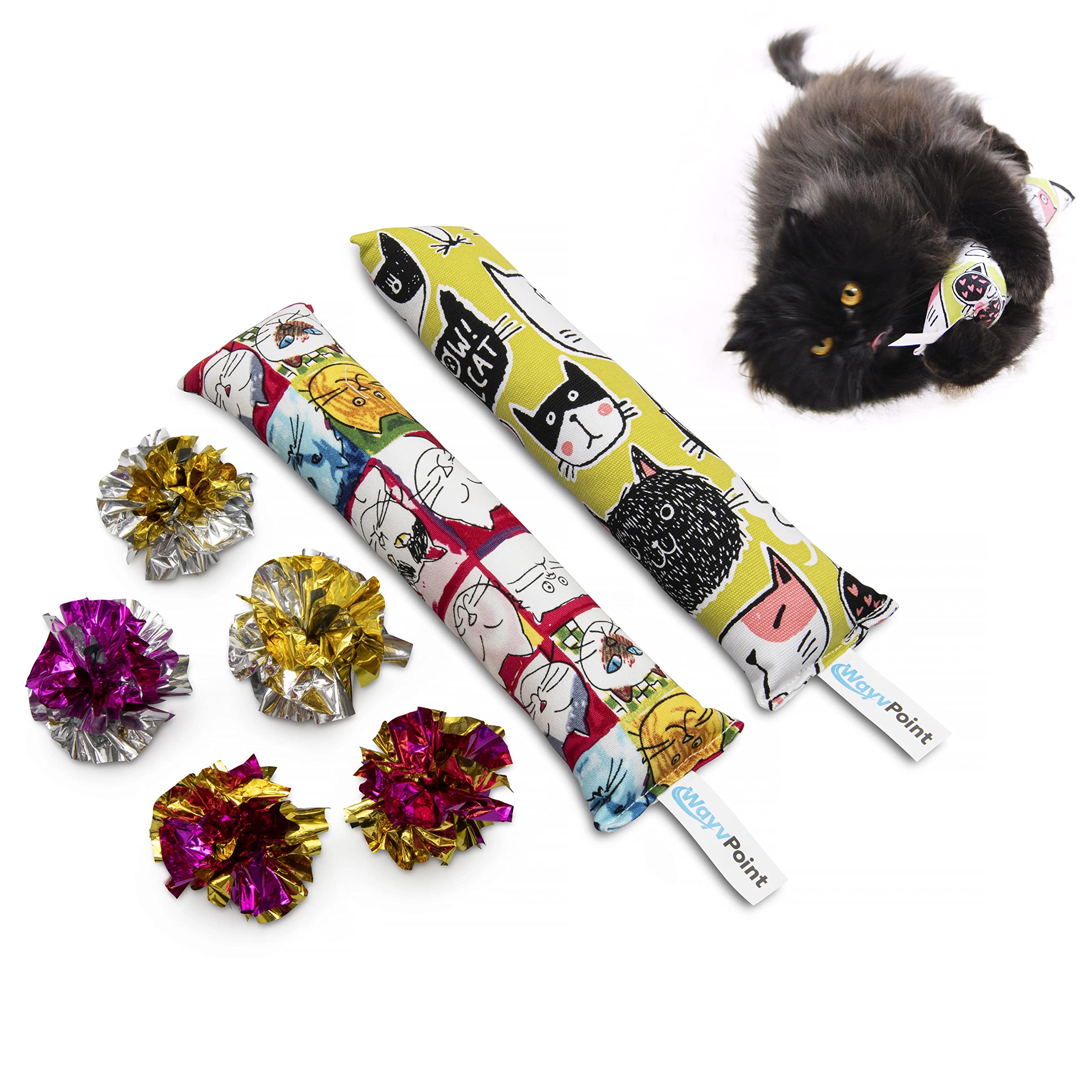 WayvPoint 11" (28 cm) Pack of 2 - Cat Toy, Kitty Kick Stick, Cat Kicker Toy, Kitten Toy - Complete with 5 Mylar Crinkle Balls